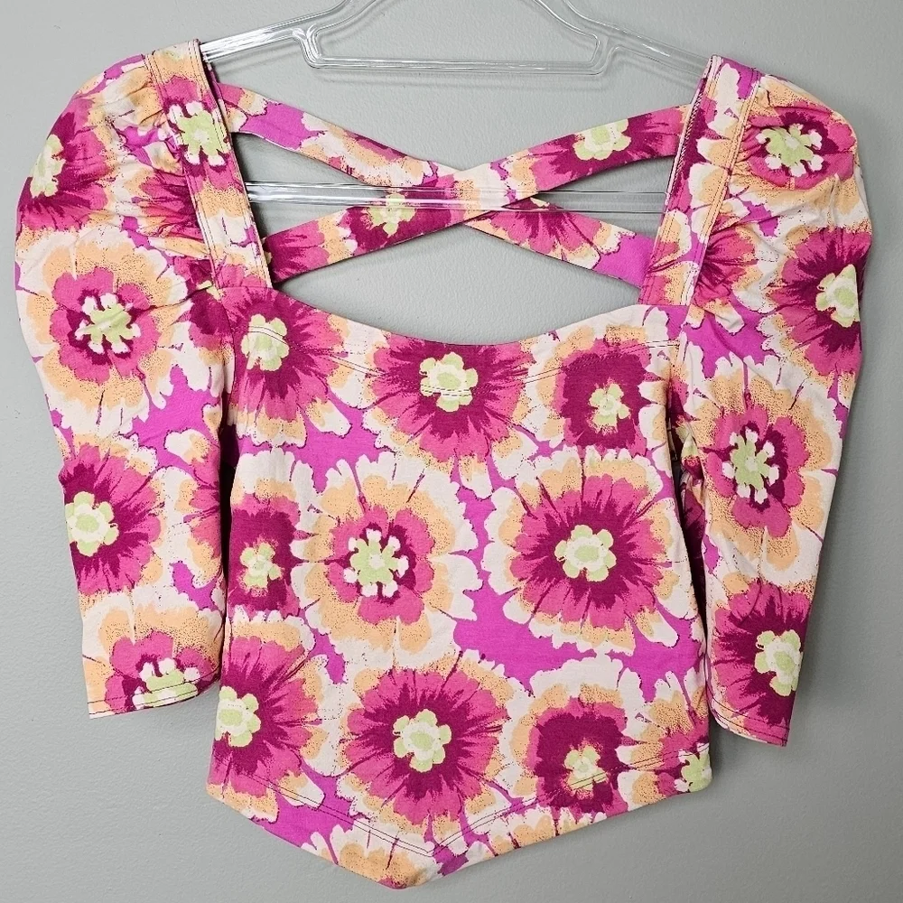 Free People Give Me More Pink Multi Floral Half Sleeve Crop Top Crisscross Back